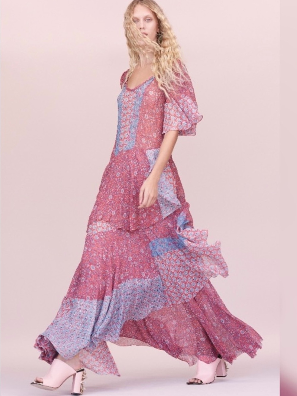 Rebecca Taylor Red and Blue Floral Tiered Chiffon Maxi Dress